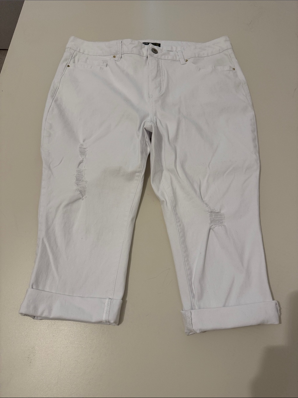 Royalty For Me White Cropped Distressed Roll-Cuff Jeans